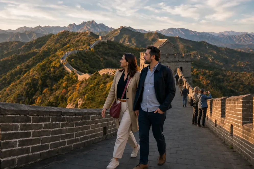 Pareja y otros viajeros recorriendo la Gran Muralla China cerca de Beijing