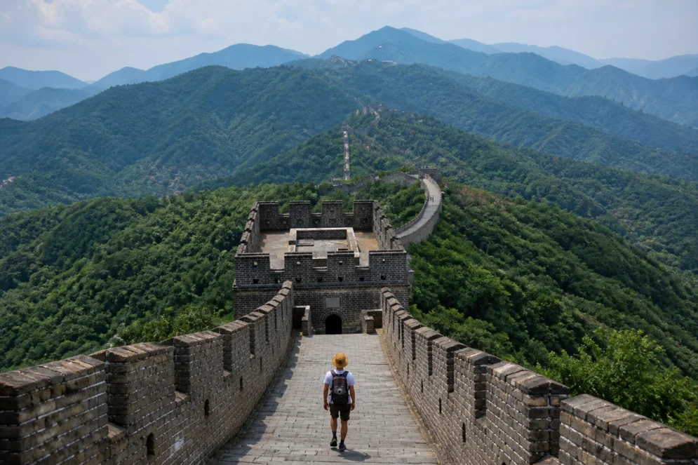 Viajero recorriendo la Gran Muralla China cerca de Beijing